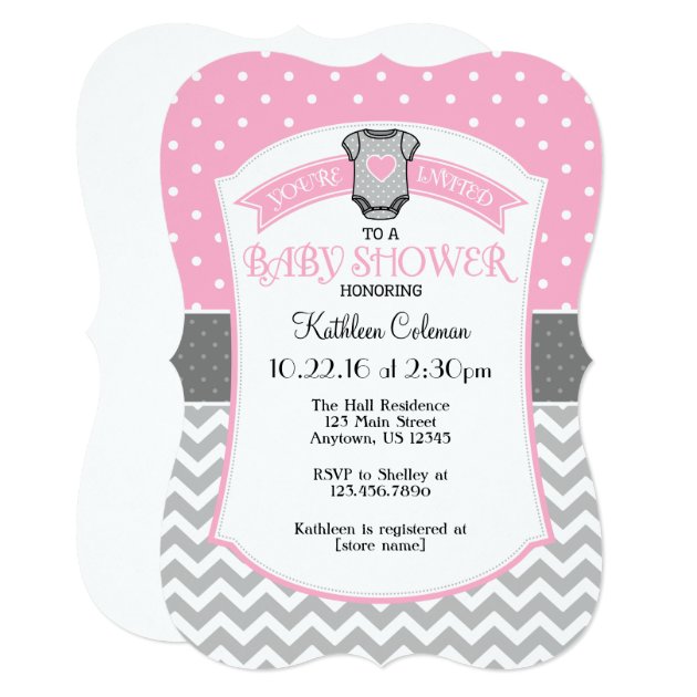 Pink Gray Polka Dot Chevron Baby Shower Invite