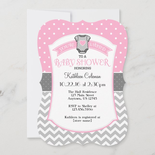 Pink Gray Polka Dot Chevron Baby Shower Invite (Front)