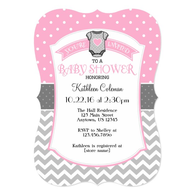Pink Gray Polka Dot Chevron Baby Shower Invite