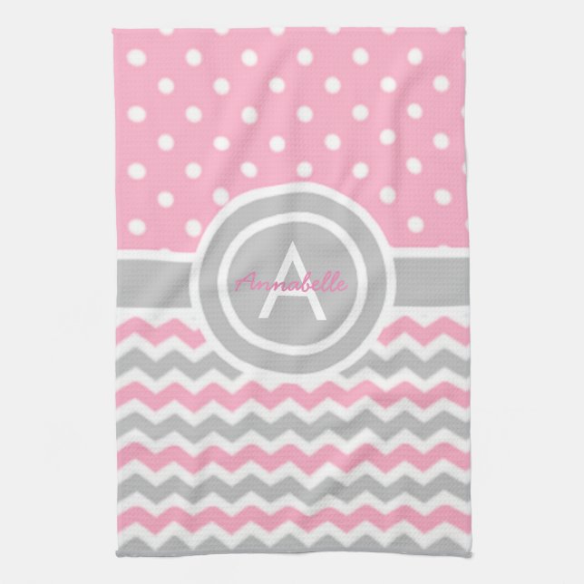 Pink Gray Polka Dot Chevron Kitchen Towel (Vertical)