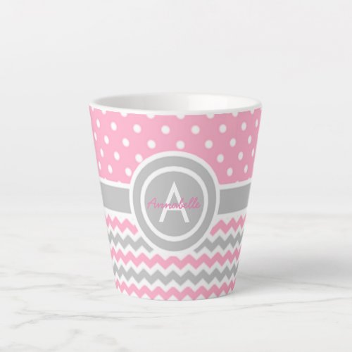 Pink Gray Polka Dot Chevron Latte Mug