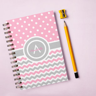 Pink Gray Polka Dot Chevron Notebook