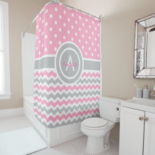 Pink Gray Polka Dot Chevron Shower Curtain