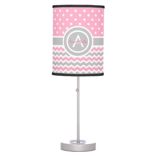 Pink Gray Polka Dot Chevron Table Lamp