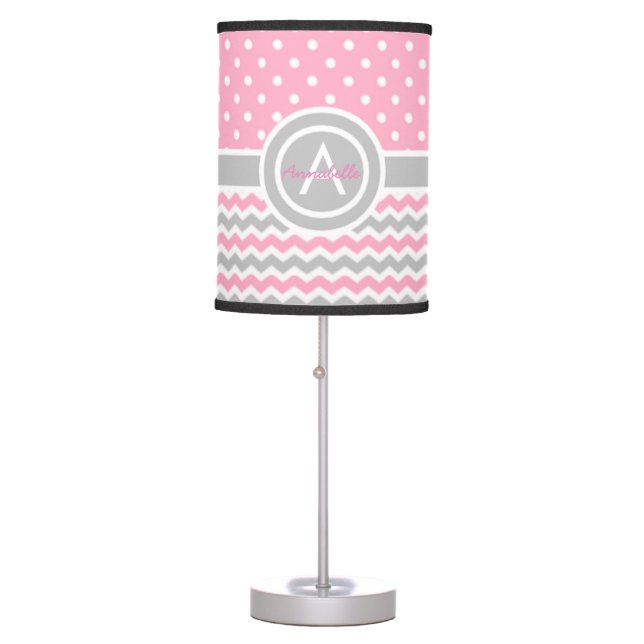 Pink Gray Polka Dot Chevron Table Lamp (Front)