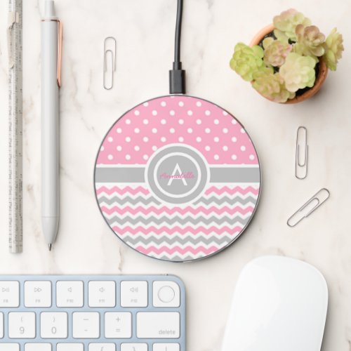 Pink Gray Polka Dot Chevron Wireless Charger