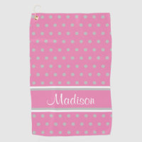 Pink Gray Polka Dot Stripes Script Name Golf Towel