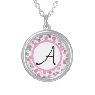 Pink & Gray Polka Dots Add Your Letter Silver Plated Necklace