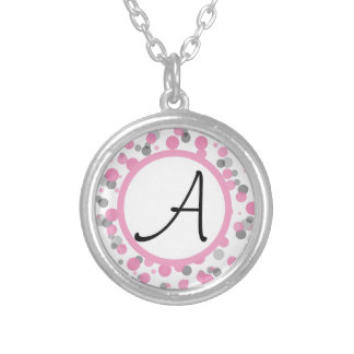 Pink & Gray Polka Dots Add Your Letter Silver Plated Necklace