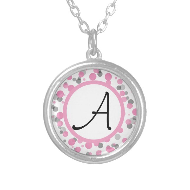 Pink & Gray Polka Dots Add Your Letter Silver Plated Necklace (Front)