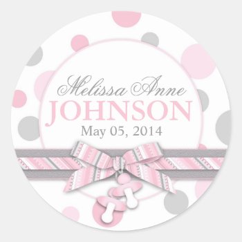 Pink & Gray Polka Dots Announcement Classic Round Sticker by NouDesigns at Zazzle