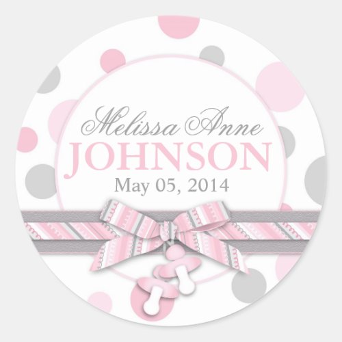 Pink  Gray Polka Dots Announcement Classic Round Sticker