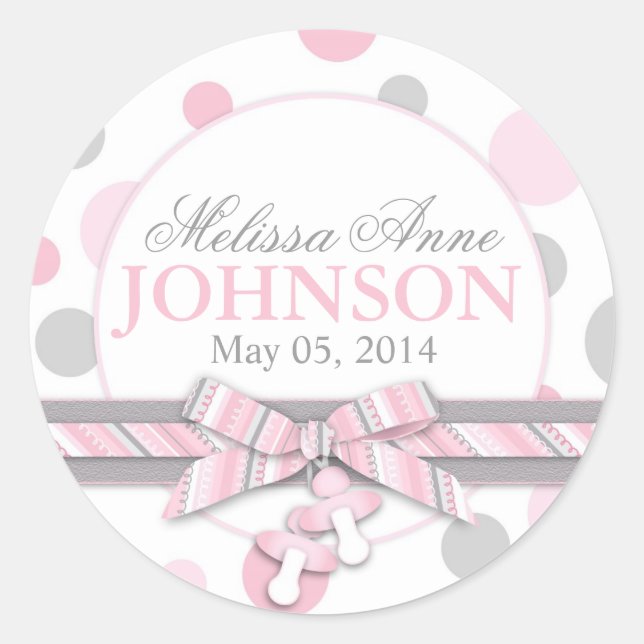 Pink & Gray Polka Dots Announcement Classic Round Sticker (Front)