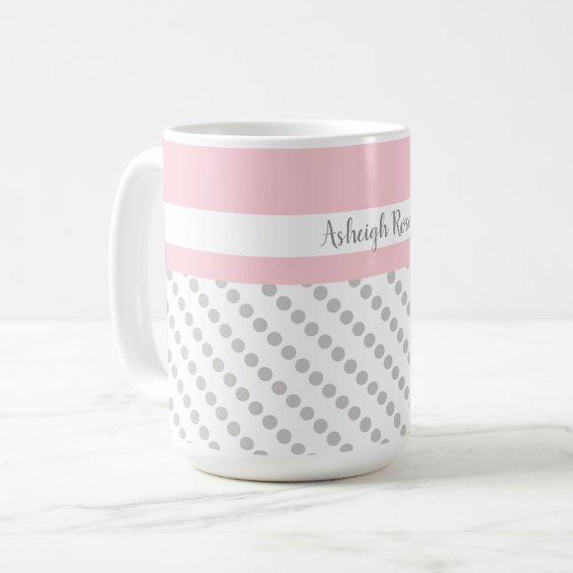Pink & Gray, Polka Dots, Personalized Coffee Mug (Front Left)