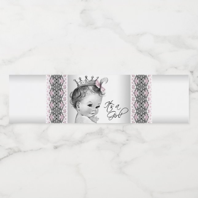 Pink Gray Princess Baby Girl Water Bottle Labels (Single Label)