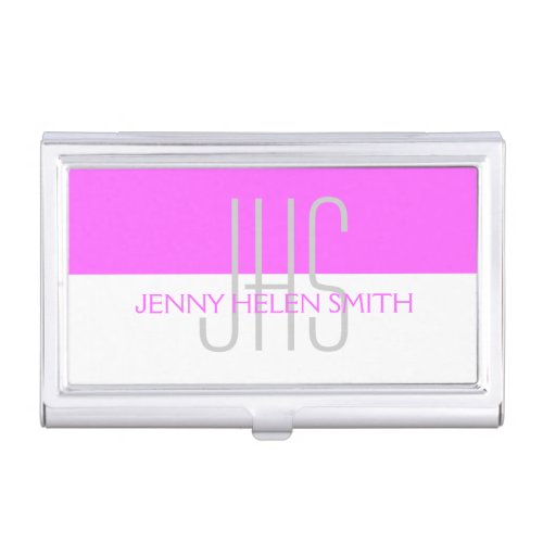 Pink gray professional monogram stripes business card holder