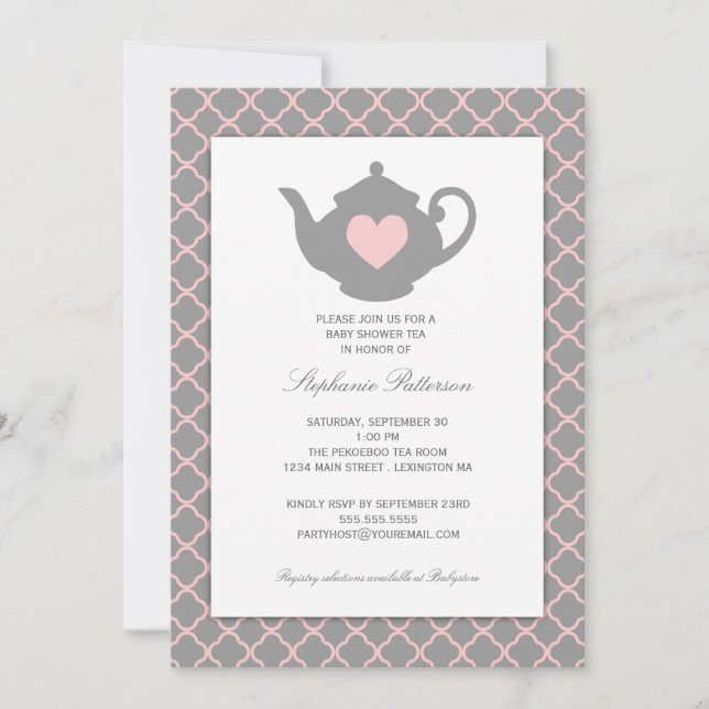 Pink + Gray Quatrefoil Baby Shower Tea Party Invitation (Front)