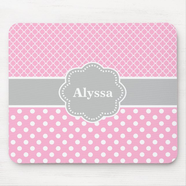 Pink Gray Quatrefoil Chevron Personalized Mousepad (Front)