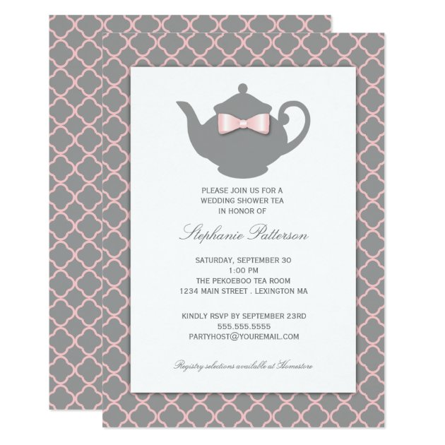 Pink + Gray Quatrefoil Wedding Tea Invitation