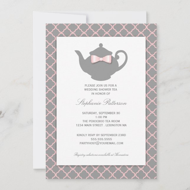 Pink + Gray Quatrefoil Wedding Tea Invitation (Front)