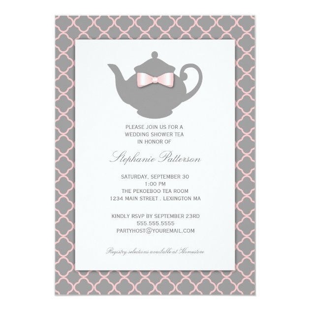 Pink + Gray Quatrefoil Wedding Tea Invitation
