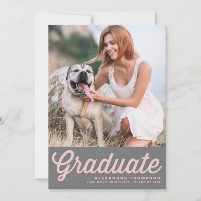 Pink & Gray Retro Bold Typography Photo Graduation Invitation (Front)