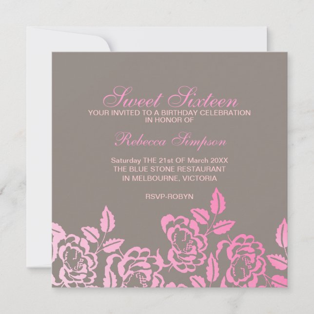 Pink & Gray Rose Petal Sweet 16 Birthday Invite (Front)