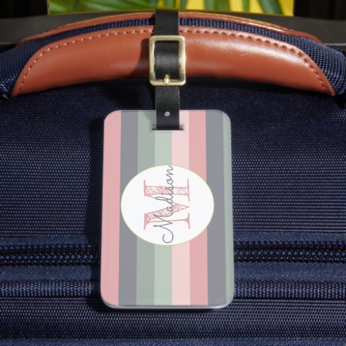 Pink Gray Sage Green Cursive Script Striped Luggage Tag