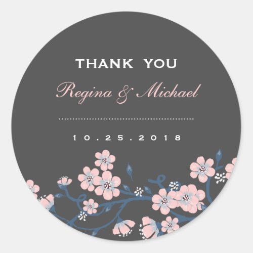 Pink Gray Sakura Flower Wedding Favor Sticker