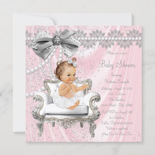 Pink Gray Satin Pearl Chair Baby Shower Invitation