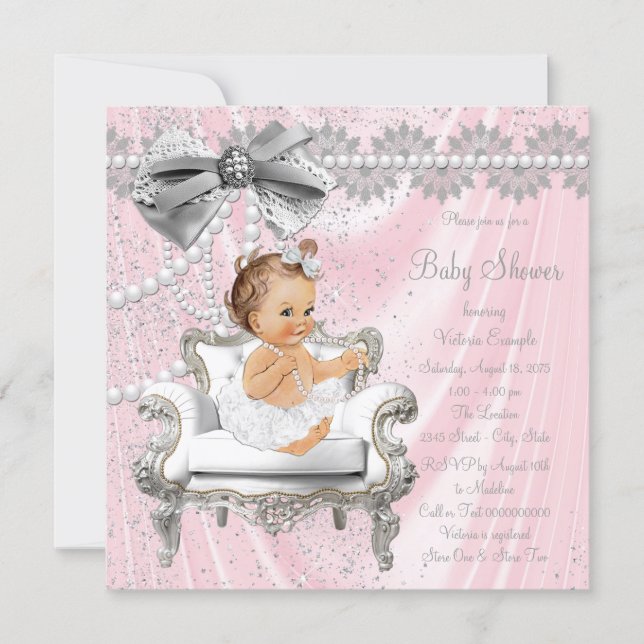 Pink Gray Satin Pearl Chair Baby Shower Invitation (Front)