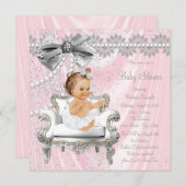 Pink Gray Satin Pearl Chair Baby Shower Invitation (Front/Back)