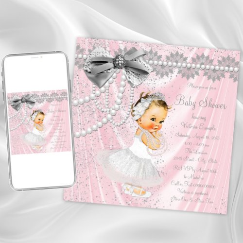 Pink Gray Satin Pearl Little Lady Baby Shower Invitation