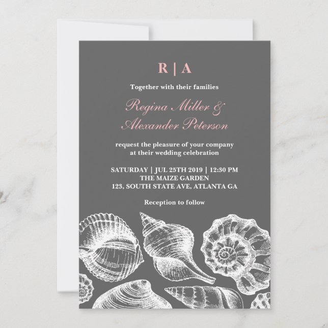 Pink Gray Seashells Beach Wedding Invitation (Front)