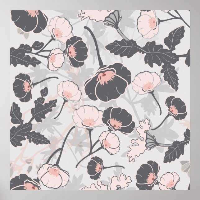 Pink Gray Shadow Floral Pattern Poster (Front)