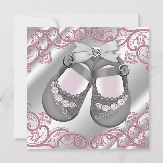 Pink Gray Shoes Swirls Pink Gray Baby Girl Shower Invitation (Front)