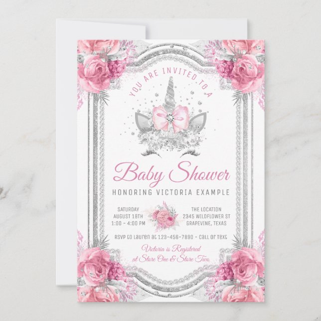 Pink Gray Silver Diamond Unicorn Baby Shower Invitation (Front)