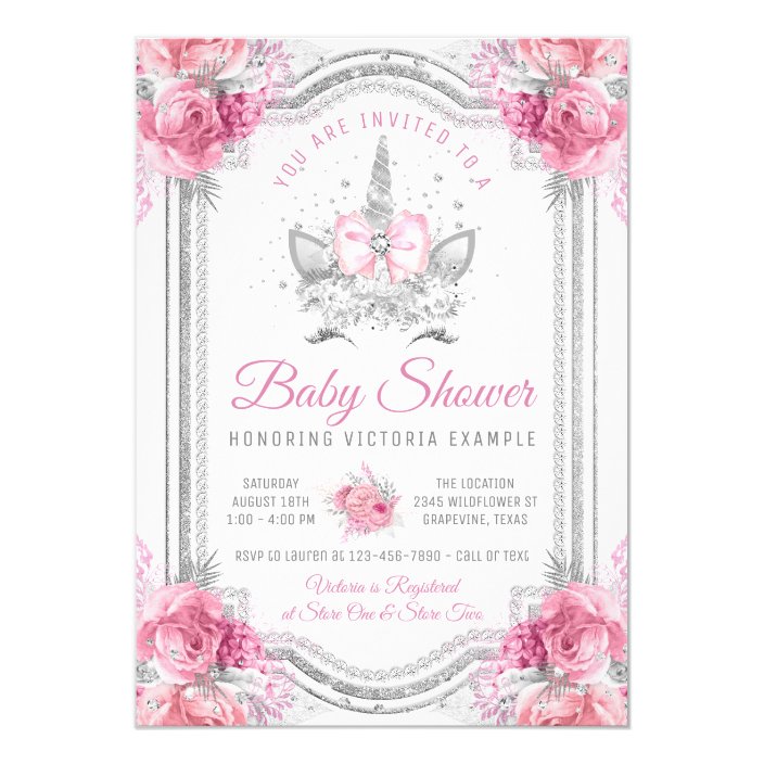 Pink Gray Silver Diamond Unicorn Baby Shower Invitation Zazzle