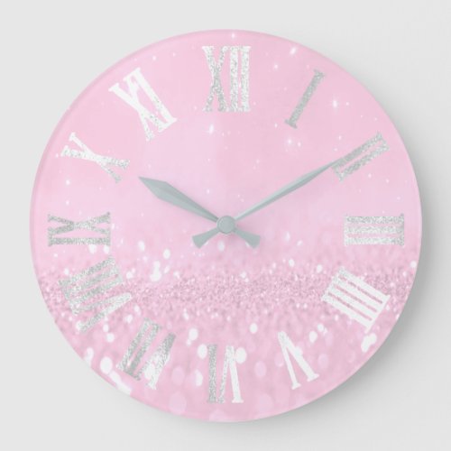 Pink Gray Silver Glitter Metallic Roman Numers Large Clock