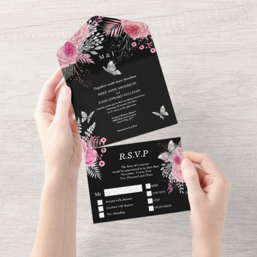 Pink gray silver rose elegant butterfly glam   all in one invitation