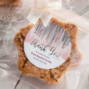 Pink Gray Silver Snow Forest Winter Birthday Classic Round Sticker