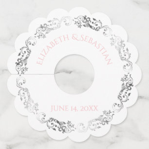 Pink & Gray Silver Vingage Filigree Border Wedding Wine Glass Tag