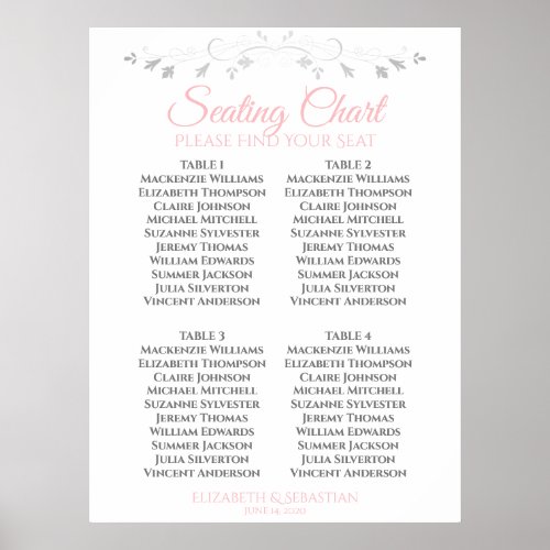 Pink  Gray Simple 4 Table Wedding Seating Chart