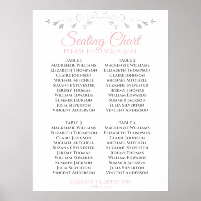 Pink & Gray Simple 4 Table Wedding Seating Chart (Front)
