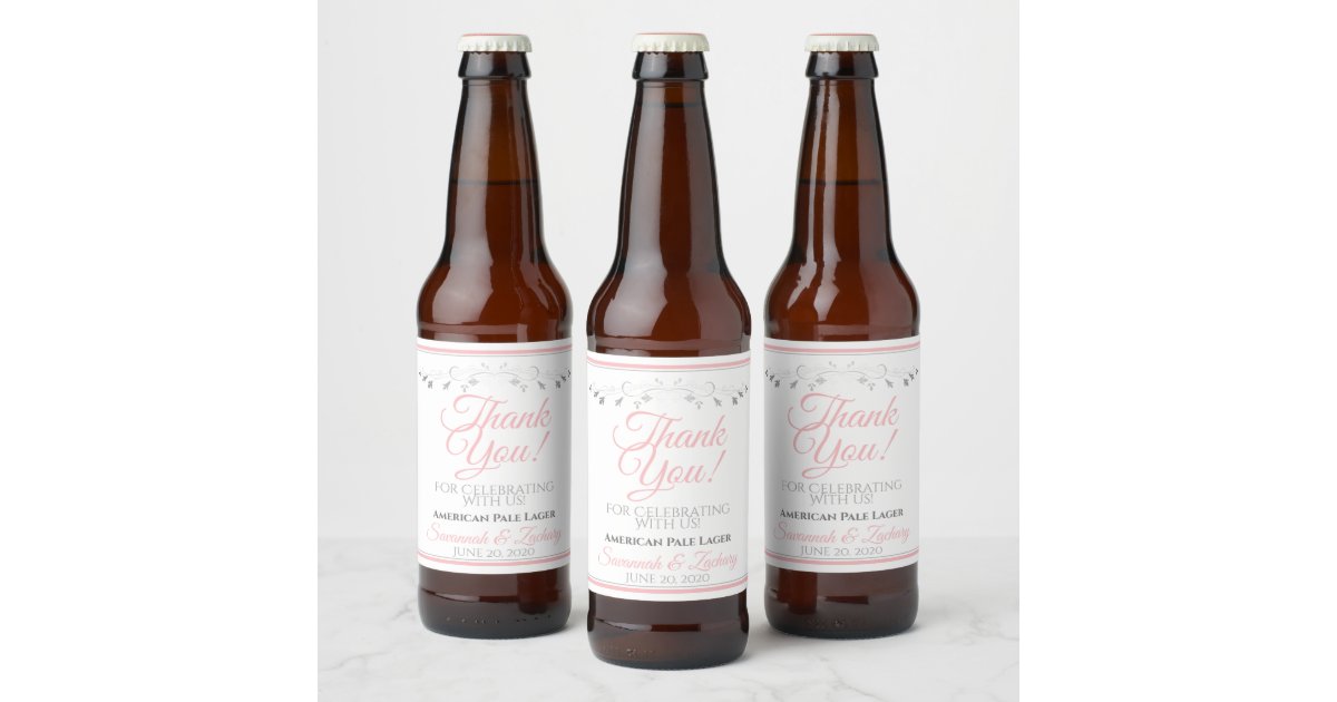 Pink & Gray Simple Elegant Wedding Thank You Beer Bottle Label | Zazzle