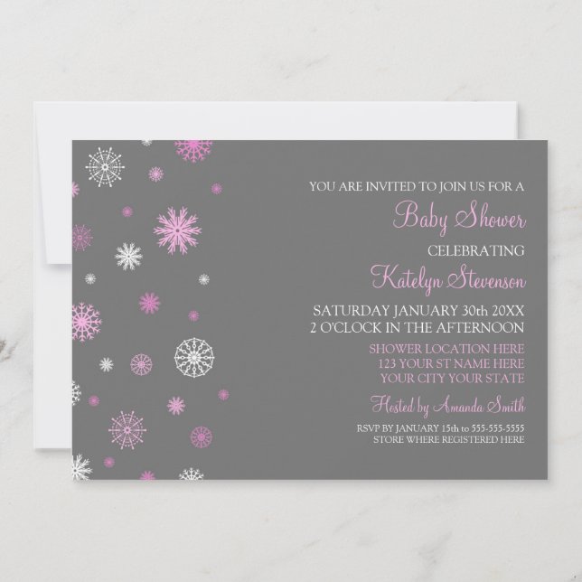 Pink Gray Snow Christmas Custom Baby Shower Invitation (Back)