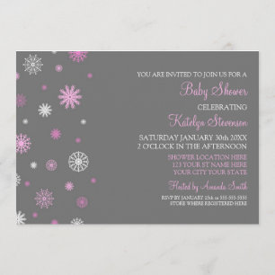 Pink Gray Snow Christmas Custom Baby Shower Invitation