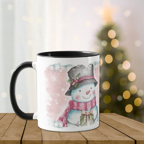 Pink Gray Snowflake Snowman Holiday Mug