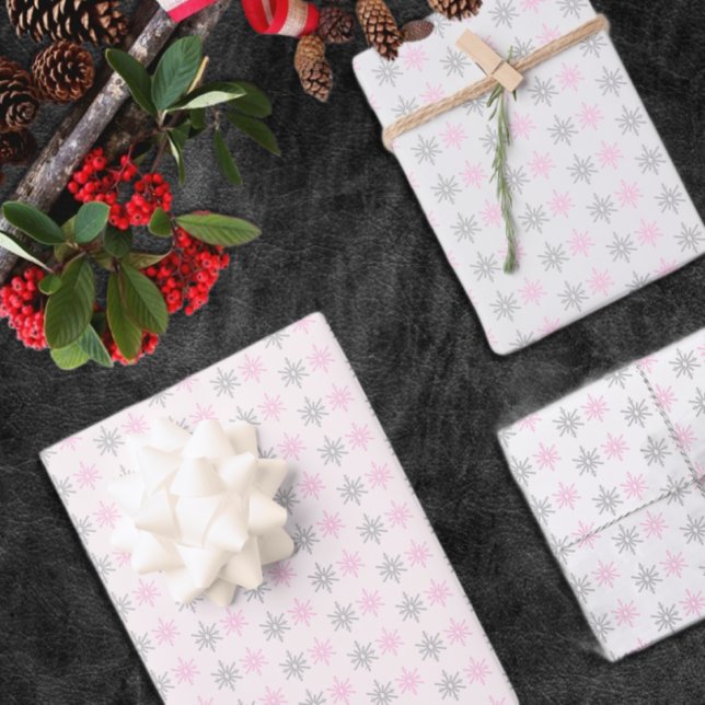 Pink Gray Snowflakes Wrapping Paper Sheets (Creator Uploaded)