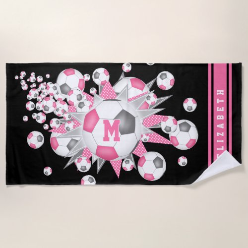 Pink gray soccer ball blowout girls custom name beach towel